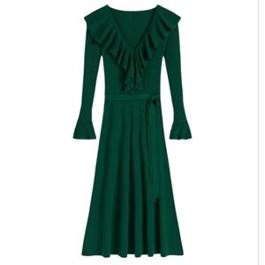 3226 NWT Boden Ruffled Ribbed Dress Emerald Night Sz 8R